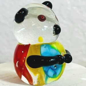 Vintage Hand Blown Art Glass Panda Teddy Bear Paperweight Blue Yellow Red Floral